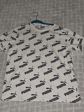 Puma White Short Sleeve Tee with Allover Black Logo Print